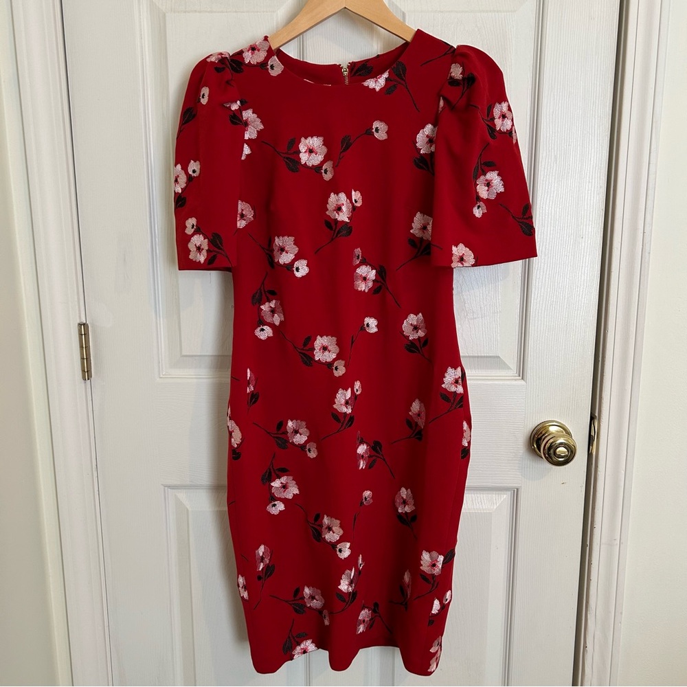 Calvin Klein Embroidered Floral Bodycon Puff Sleeve Dress | Size 8